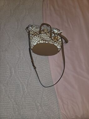 Michale Kors  Woven Leather Crossbody Satchel in Tan and White